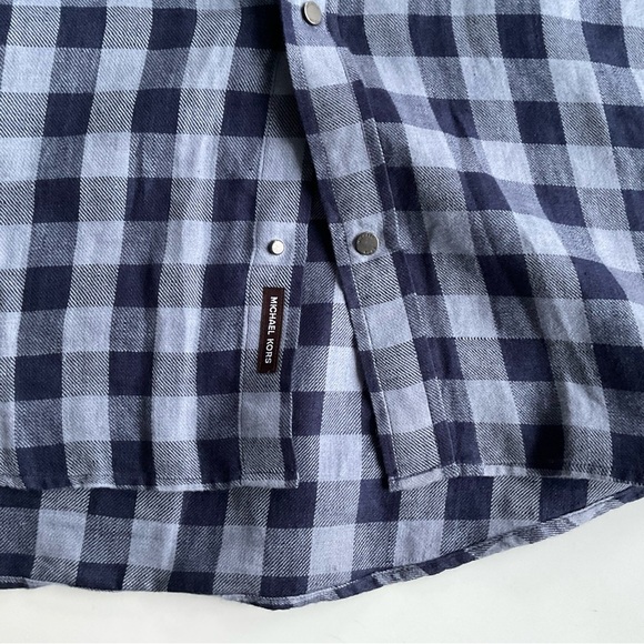 Michael Kors 100% Linen Shirt XL Blue Tailored Fit Pocket Plaid Snap Western Y2K - Picture 9 of 11